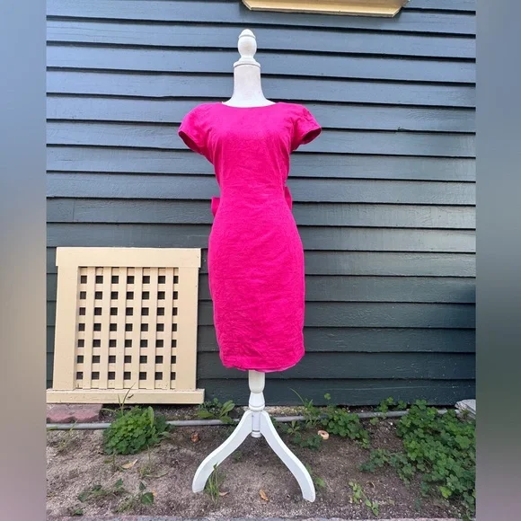 90s Vintage Hot Pink Cotton Jacquard Wiggle Dress w Low Back and Bow Sz Sm - Picture 2 of 9